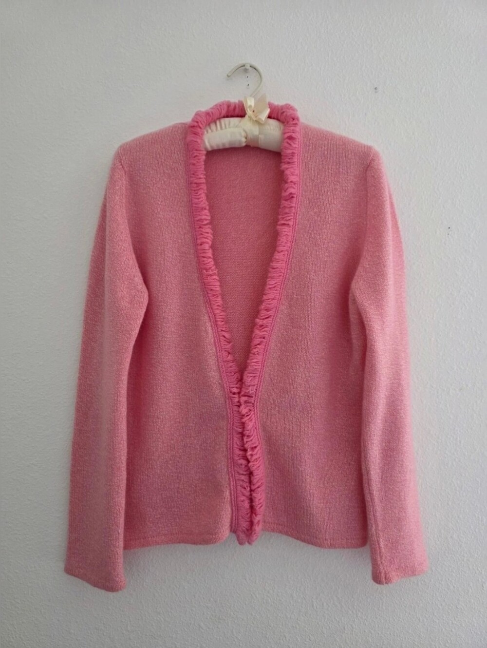 John Laing Scottish Made Cashmere Cardigan Open Front V- Neck Soft Pink Bust 38"